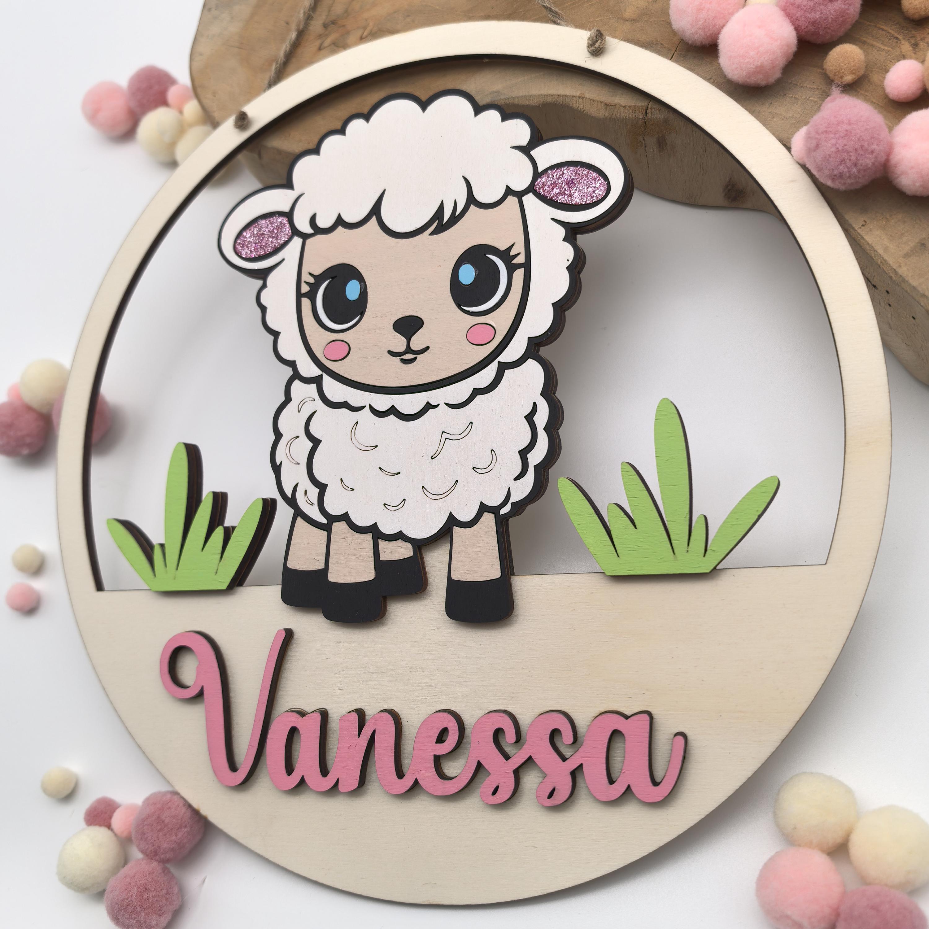 Süßes Schaf Türschild personalisiert fürs Kinderzimmer, gefertigt in Wunschfarben, Geschenk Taufe, Geburt, Kindergeburtstag, Schäfchen