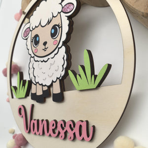 Süßes Schaf Türschild personalisiert fürs Kinderzimmer, gefertigt in Wunschfarben, Geschenk Taufe, Geburt, Kindergeburtstag, Schäfchen