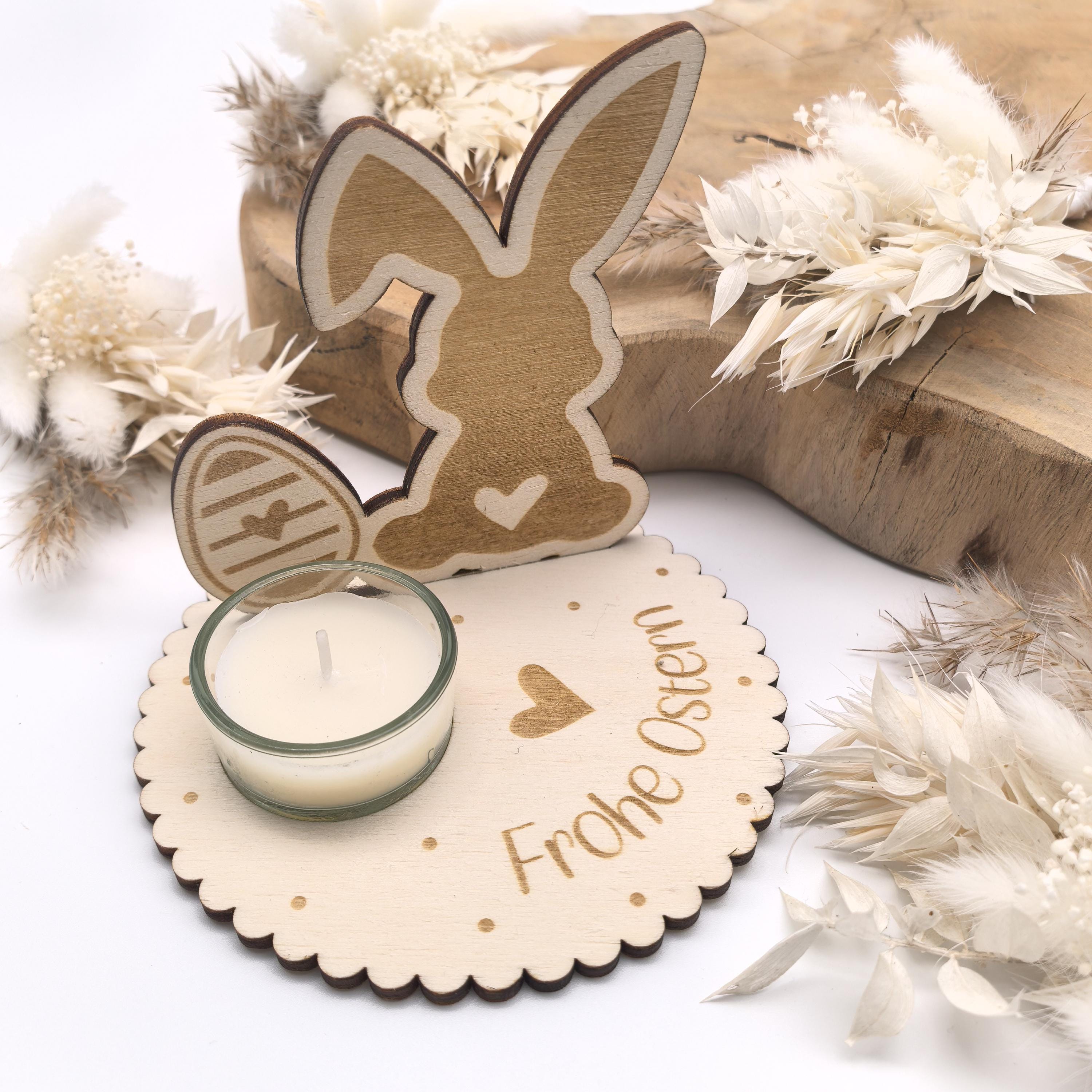 Osterhase Teelichthalter personalisiert mit deinem Text / Name, inklusive Glas Teelichthalter, Tischdeko, Kerzenständer, Osterdeko, Ostern