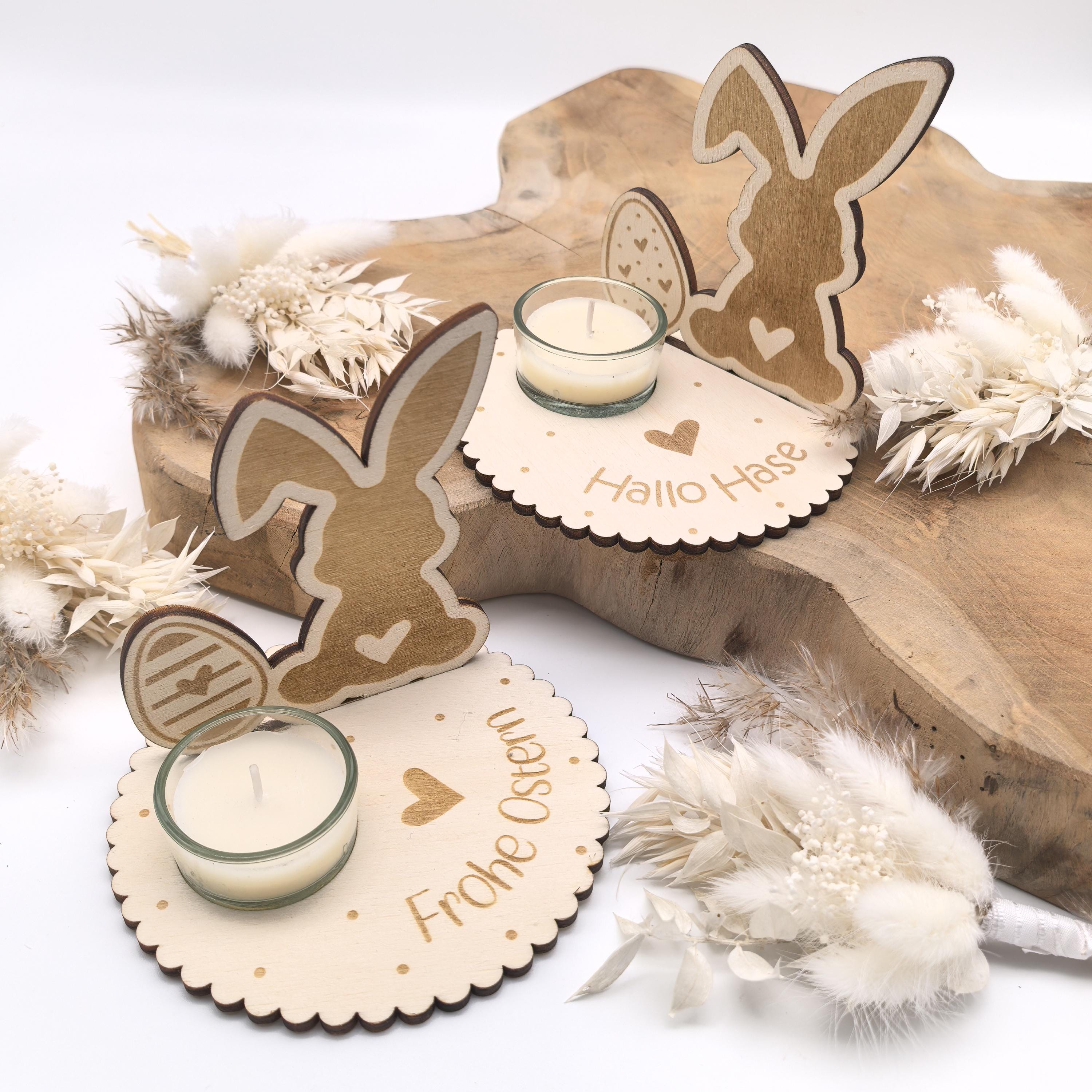 Osterhase Teelichthalter personalisiert mit deinem Text / Name, inklusive Glas Teelichthalter, Tischdeko, Kerzenständer, Osterdeko, Ostern