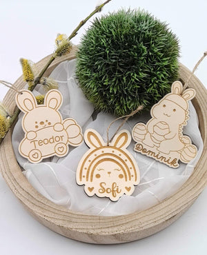 Ostereier zum aufhängen, Osteranhänger, Ostergeschenk personalisiert, Geschenkanhänger Ostern, Osterdeko Holz, Osterhase, Dino, Regenbogen