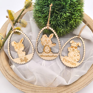 Ostereier zum aufhängen, Osteranhänger, Ostergeschenk personalisiert, Geschenkanhänger Ostern, Osterdeko Holz, Osterhase, Hase mit Blumen