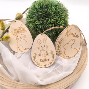 Ostereier zum aufhängen, Osteranhänger, Ostergeschenk personalisiert, Geschenkanhänger Ostern, Osterdeko Holz, Osterhase, Hase mit Blumen