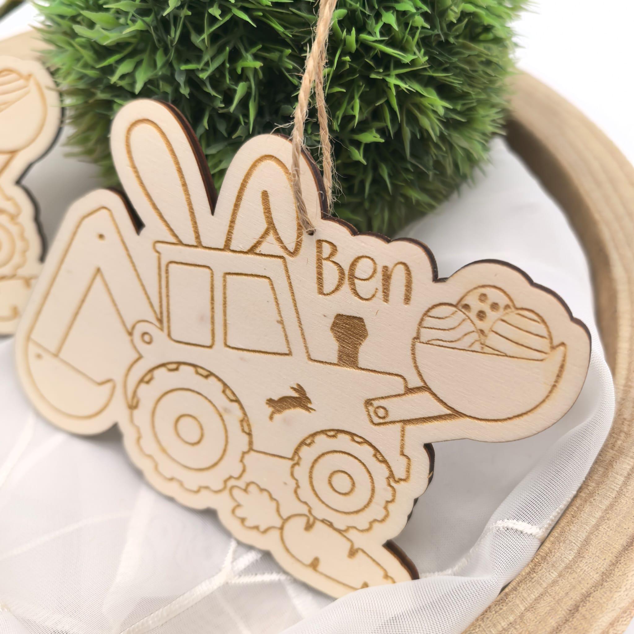 Ostereier zum aufhängen, Osteranhänger mit Bagger Karotte und Osterei Ostergeschenk personalisiert, Geschenkanhänger Ostern, Osterhase