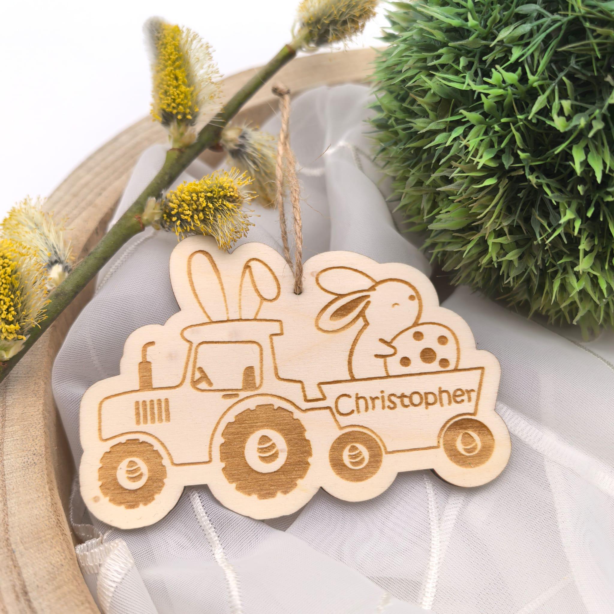 Traktor Ostereier zum aufhängen, Osteranhänger mit Bagger, Osterei Ostergeschenk personalisiert, Geschenkanhänger Ostern, Osterhase