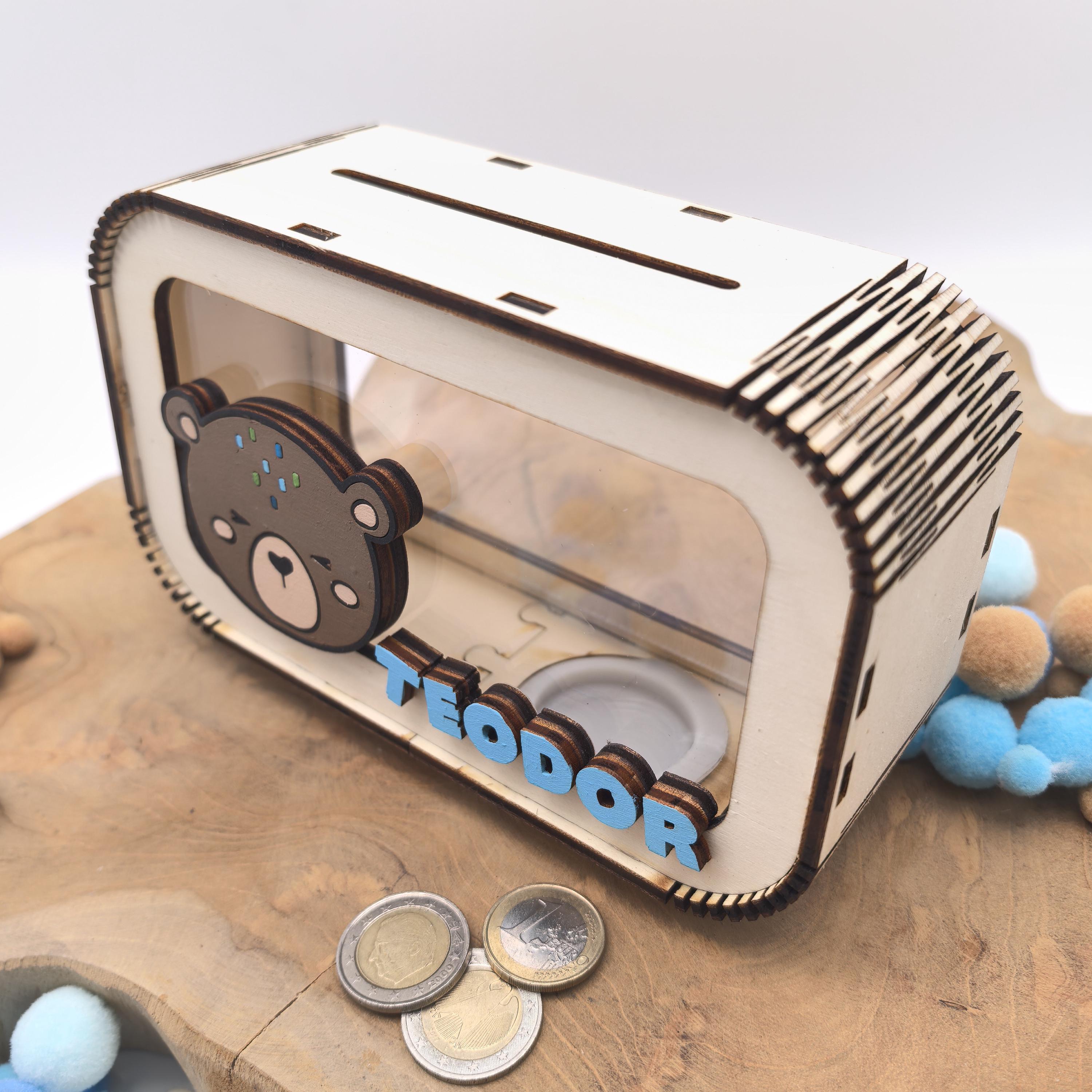 Bär Spardose personalisiert mit Namen in Wunschfarben, Sparbüchse, Sparschwein, Geldgeschenk, Geschenk Geburt, Taufe, Geburtstag, Teddy