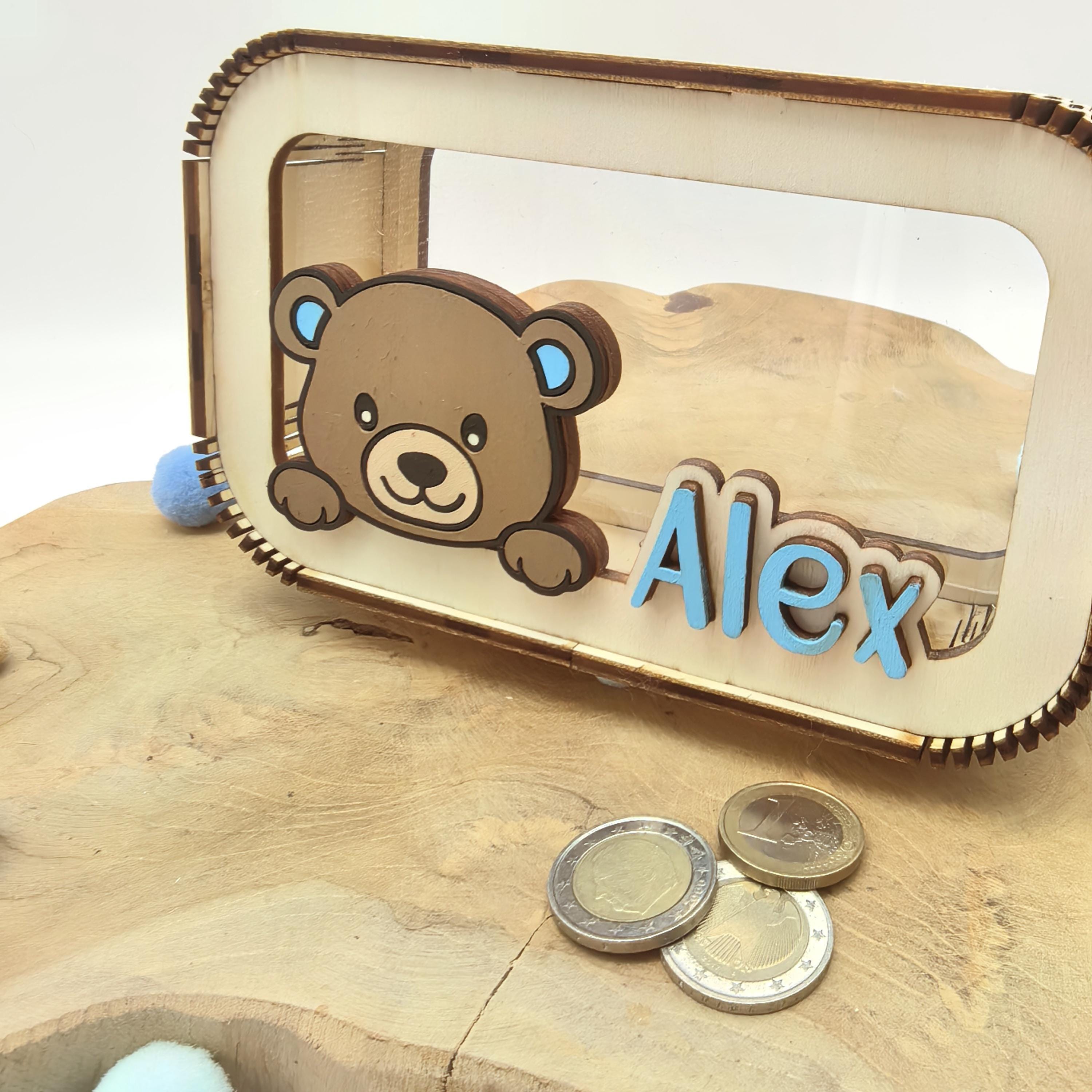 Bär Spardose personalisiert mit Namen in Wunschfarben, Sparbüchse, Sparschwein, Geldgeschenk, Geschenk Geburt, Taufe, Geburtstag, Teddy