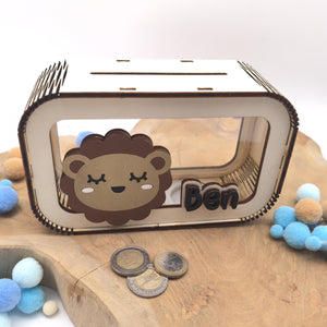 Spardose Löwe personalisiert mit Namen in Wunschfarben, Sparbüchse, Sparschwein, Geldgeschenk, Geschenk Geburt, Taufe, Geburtstag, Löwen