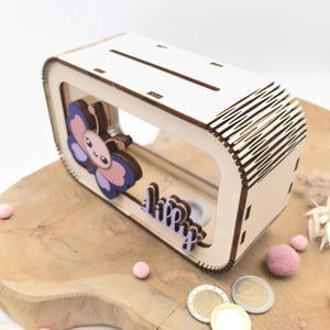 Schmetterling Spardose personalisiert mit Namen in Wunschfarben, Sparbüchse, Sparschwein, Geldgeschenk, Geschenk Geburt, Taufe, Geburtstag