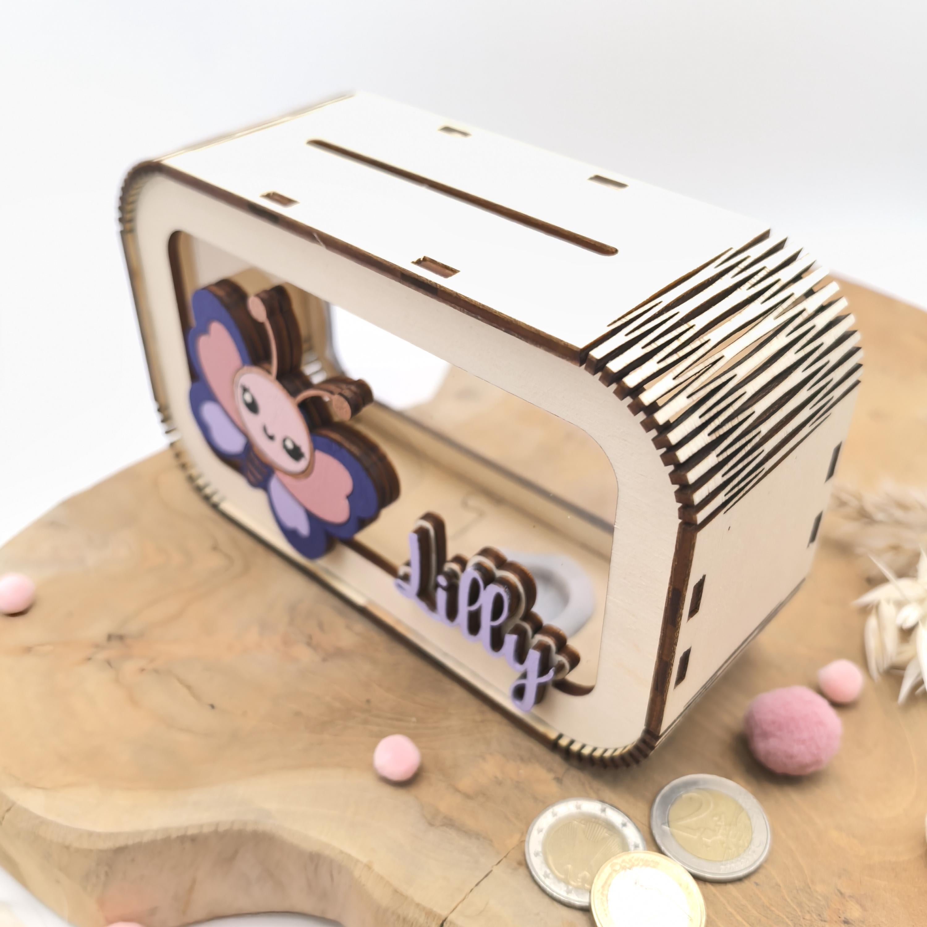 Schmetterling Spardose personalisiert mit Namen in Wunschfarben, Sparbüchse, Sparschwein, Geldgeschenk, Geschenk Geburt, Taufe, Geburtstag