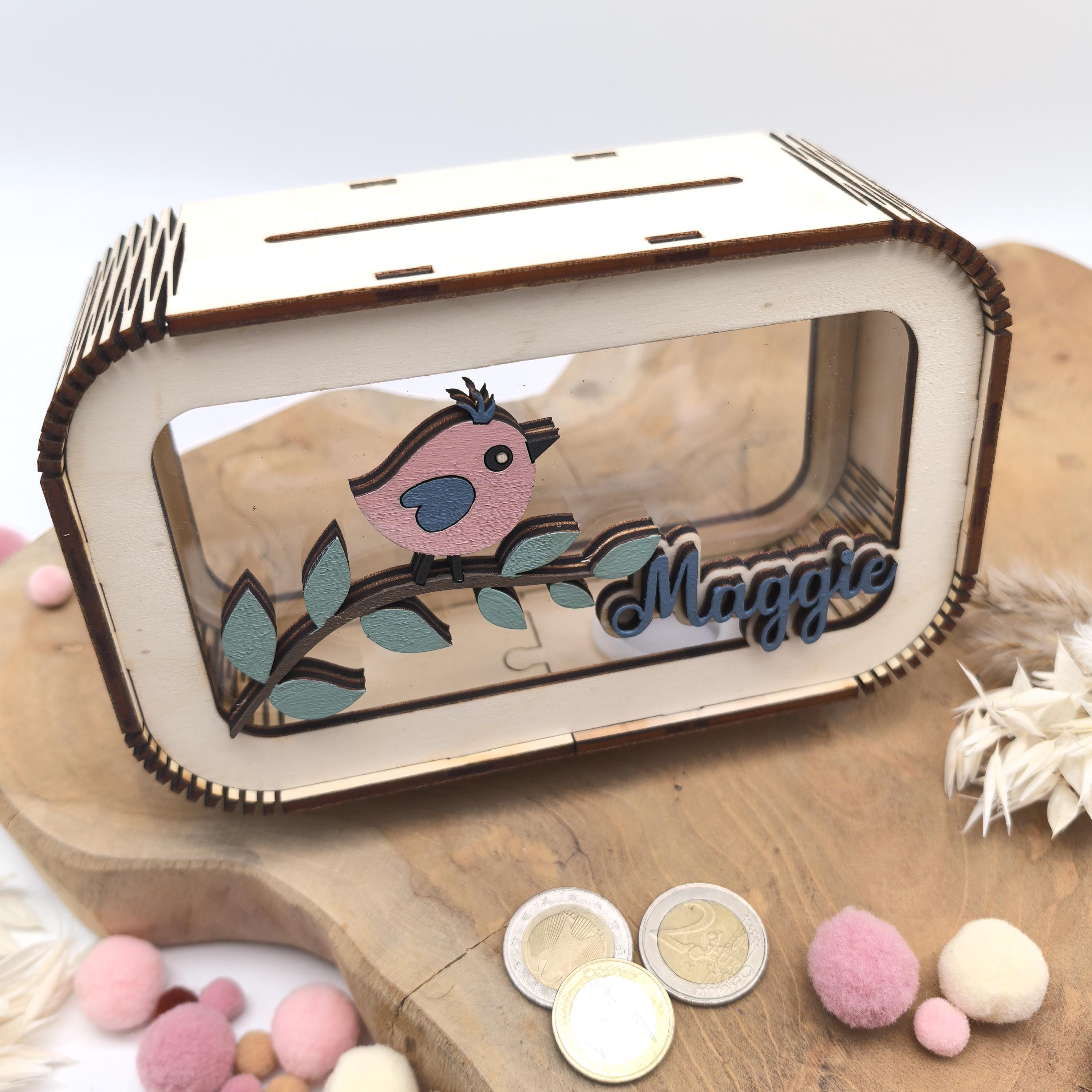 Spardose Vogel personalisiert mit Namen in Wunschfarben, Sparbüchse, Sparschwein, Geldgeschenk, Geschenk Geburt, Taufe, Geburtstag, Häschen