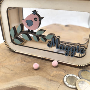 Spardose Vogel personalisiert mit Namen in Wunschfarben, Sparbüchse, Sparschwein, Geldgeschenk, Geschenk Geburt, Taufe, Geburtstag, Häschen