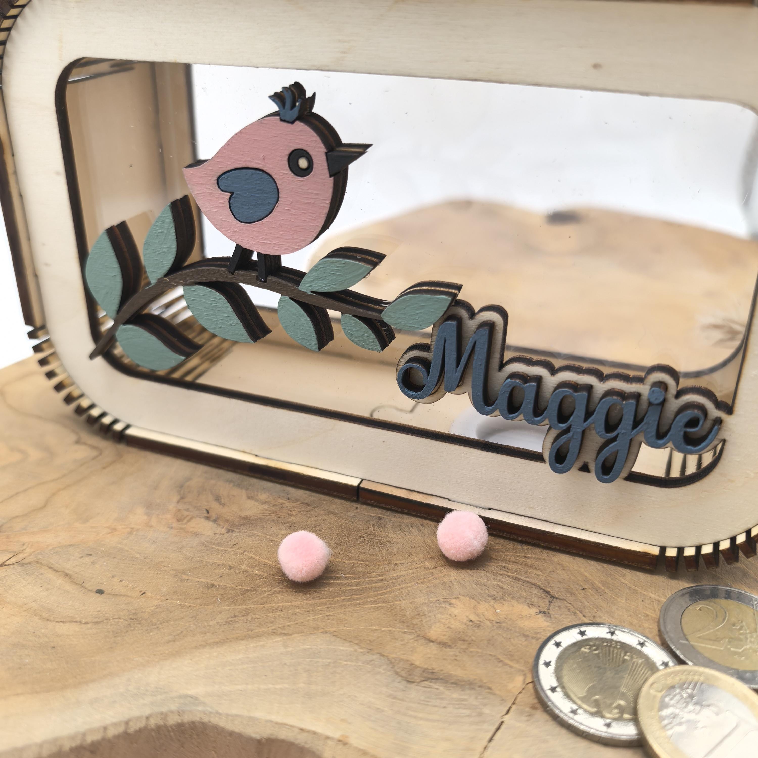 Spardose Vogel personalisiert mit Namen in Wunschfarben, Sparbüchse, Sparschwein, Geldgeschenk, Geschenk Geburt, Taufe, Geburtstag, Häschen