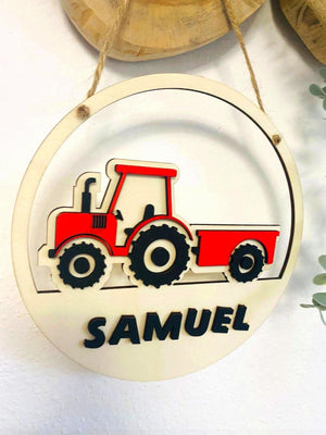 Türschild Traktor personalisiert fürs Kinderzimmer, gefertigt in Wunschfarben, Geschenk Taufe, Geburt, Kindergeburtstag Trecker Namensschild