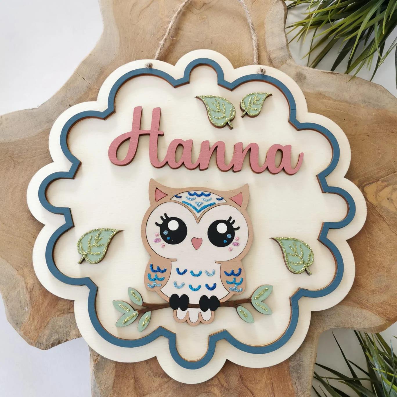 Süßes Eulen Türschild personalisiert fürs Kinderzimmer, gefertigt in Wunschfarben, Geschenk Taufe, Geburt, Kindergeburtstag, Eule, Waldtier