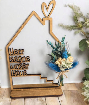 Haus mit Namen Trockenblumen Holzhaus personalisiert, personalisierte Deko Wand Einzugsgeschenk, Türschild Familie, Geburtstagsgeschenk