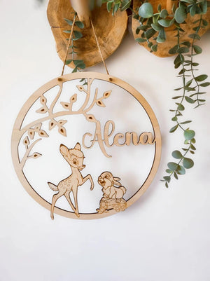Personalisiertes Namensschild, Türschild, Holzschild Kinder Baby, Geschenk Geburt Taufe Geburtstag, Kinderzimmer Patenkind, bamby Reh Hase