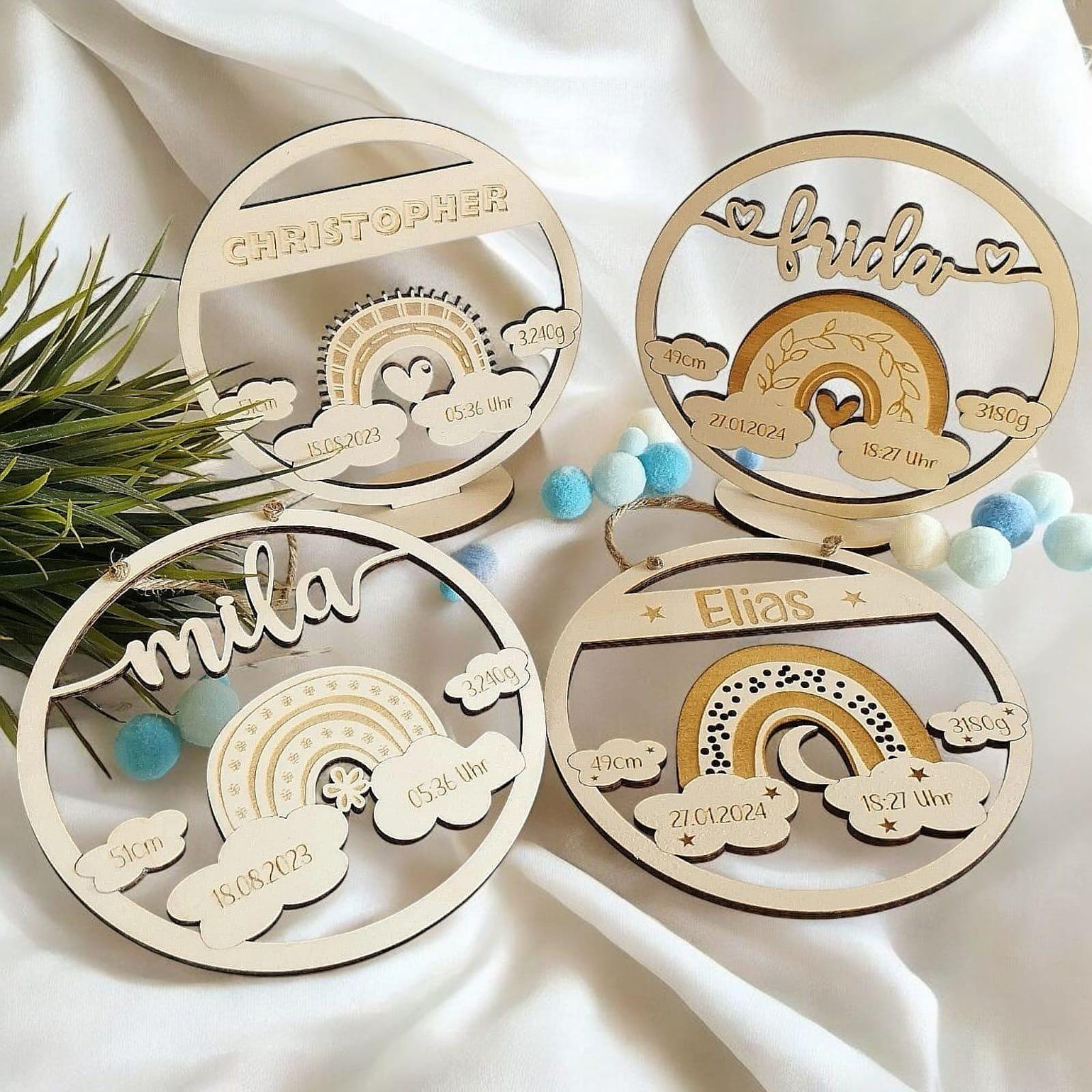 Namensschild mit Geburtsdaten aus Holz , und süßen Regenbogen, personalisiertes Geschenk zur Geburt / Taufe, Kinder Geburtstag, Baby Shower