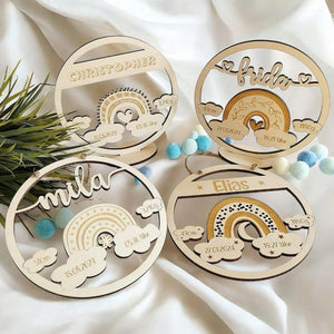 Namensschild mit Geburtsdaten aus Holz , und süßen Regenbogen, personalisiertes Geschenk zur Geburt / Taufe, Kinder Geburtstag, Baby Shower