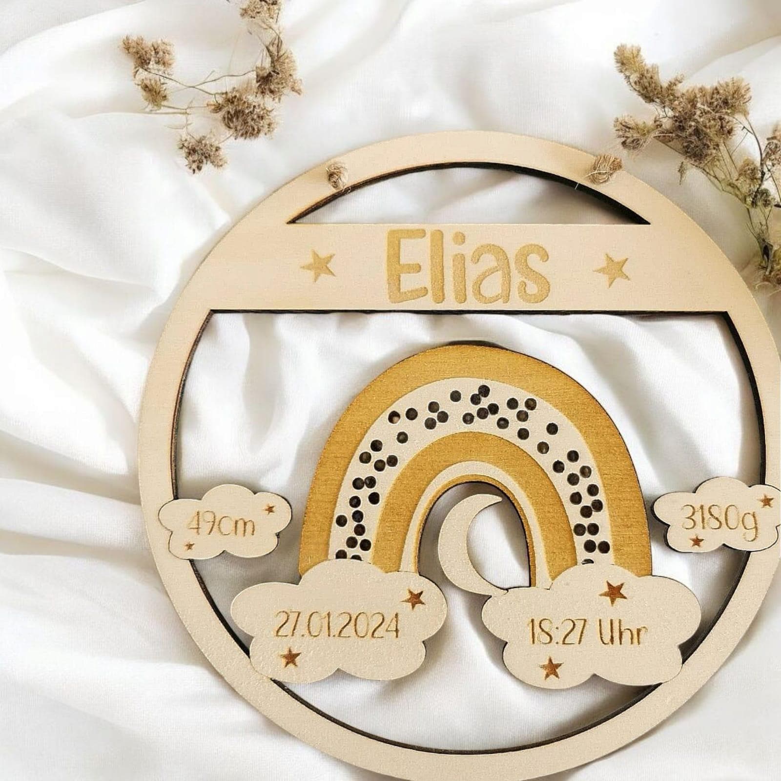 Namensschild mit Geburtsdaten aus Holz , und süßen Regenbogen, personalisiertes Geschenk zur Geburt / Taufe, Kinder Geburtstag, Baby Shower