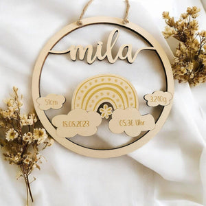 Namensschild mit Geburtsdaten aus Holz , und süßen Regenbogen, personalisiertes Geschenk zur Geburt / Taufe, Kinder Geburtstag, Baby Shower
