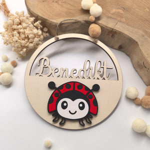Marienkäfer Türschild personalisiert fürs Kinderzimmer, gefertigt in Wunschfarben, Geschenk Taufe, Geburt, Kindergeburtstag, Namensschild