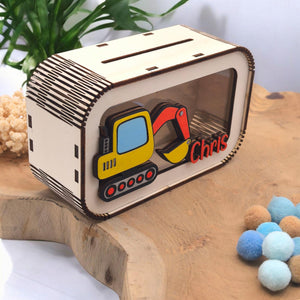 Spardose Bagger personalisiert mit Namen in Wunschfarben, Sparbüchse, Sparschwein, Geldgeschenk, Geschenk Geburt, Taufe, Geburtstag, Truck