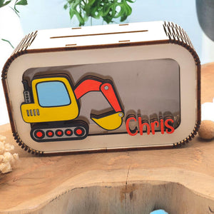 Spardose Bagger personalisiert mit Namen in Wunschfarben, Sparbüchse, Sparschwein, Geldgeschenk, Geschenk Geburt, Taufe, Geburtstag, Truck
