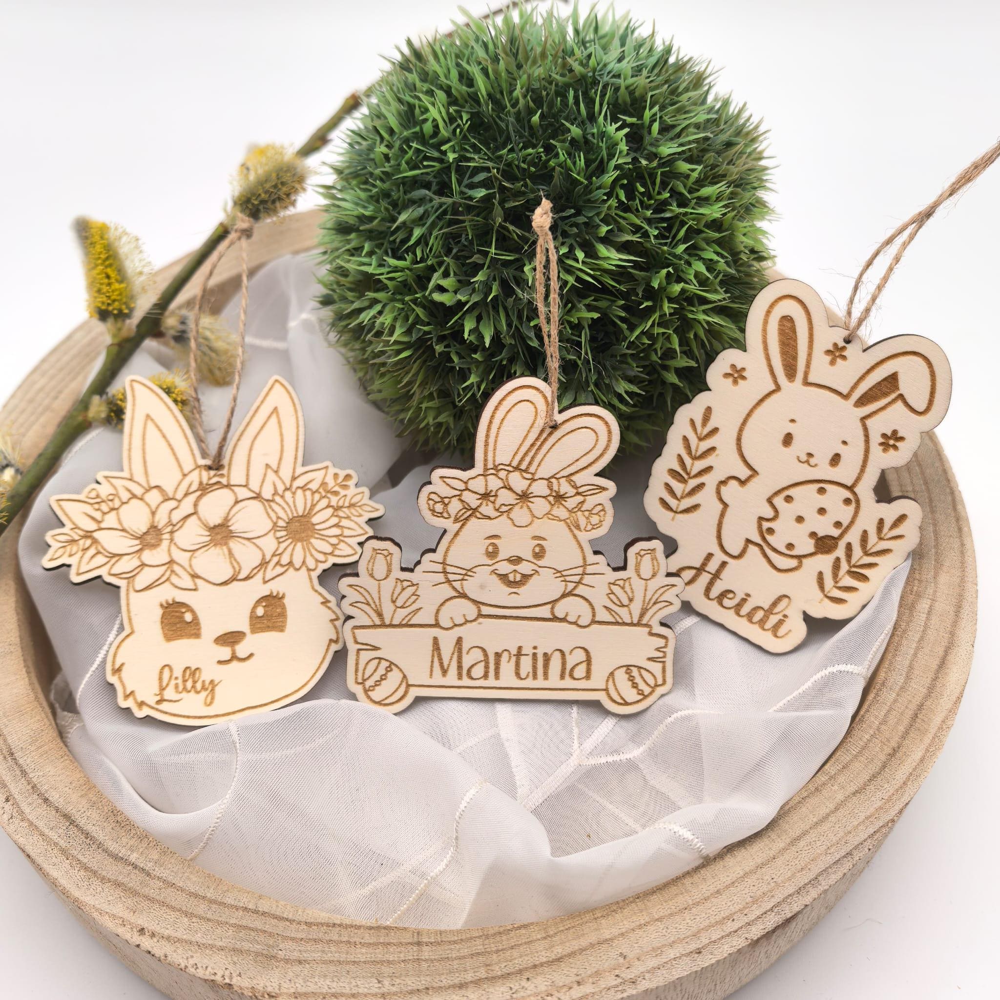 Ostereier zum aufhängen, Osteranhänger, Ostergeschenk personalisiert, Geschenkanhänger Ostern, Osterdeko Holz, Osterhase, Hase mit Blumen