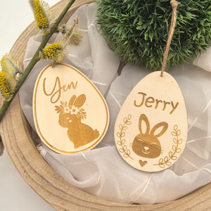 Ostereier zum aufhängen, Osteranhänger, Ostergeschenk personalisiert, Geschenkanhänger Ostern, Osterdeko Holz, Osterhase, Hase mit Blumen