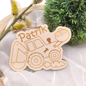 Ostereier zum aufhängen, Osteranhänger mit Bagger Karotte und Osterei Ostergeschenk personalisiert, Geschenkanhänger Ostern, Osterhase