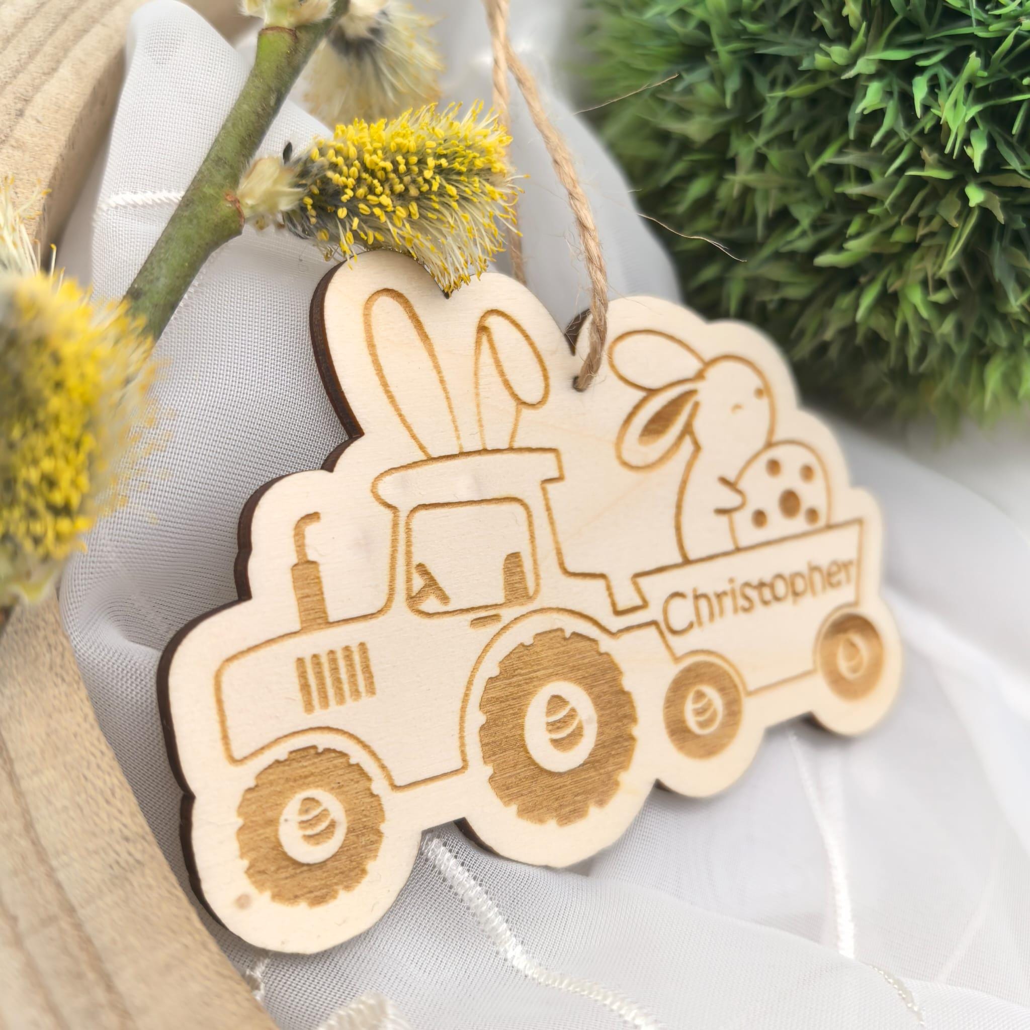 Traktor Ostereier zum aufhängen, Osteranhänger mit Bagger, Osterei Ostergeschenk personalisiert, Geschenkanhänger Ostern, Osterhase