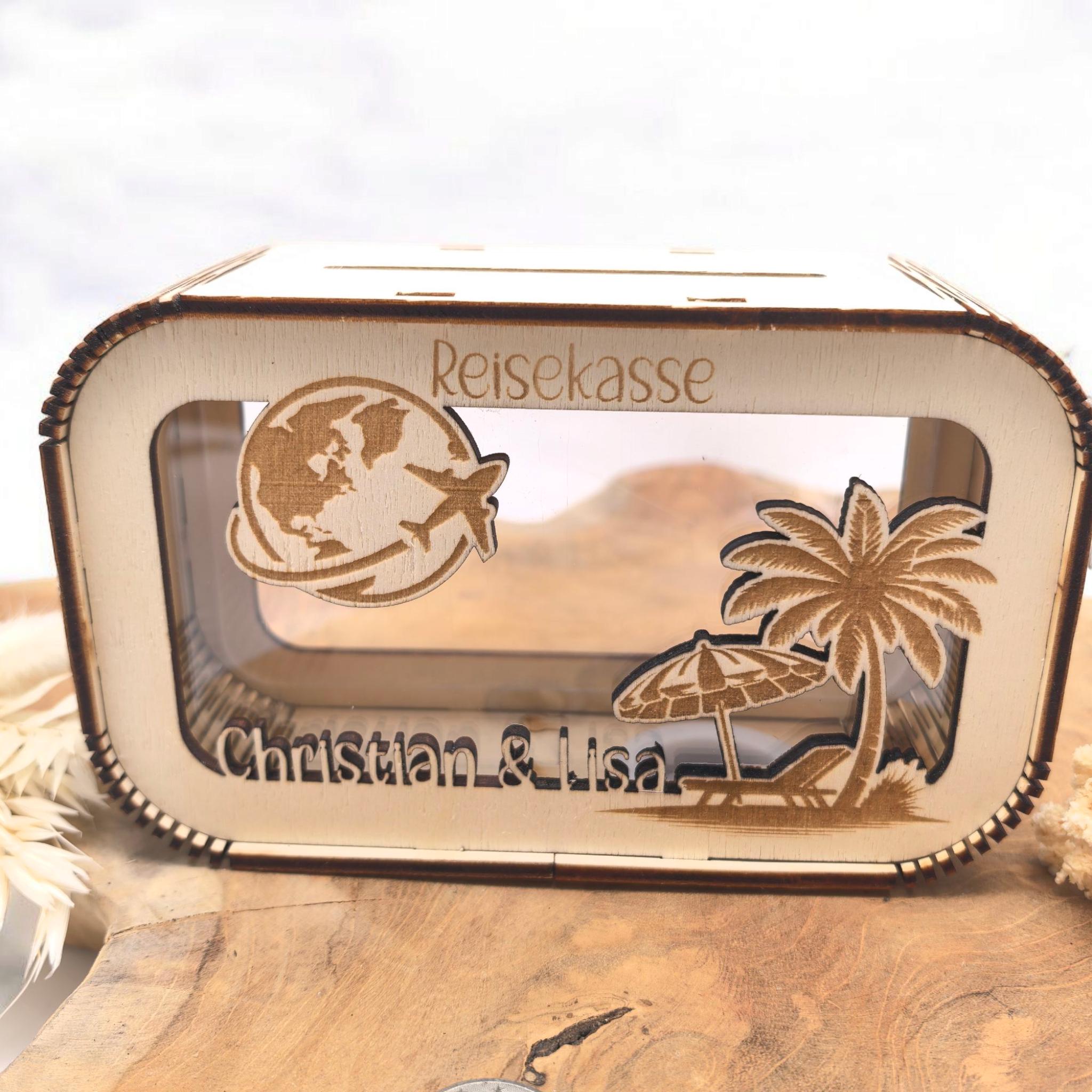 Spardose Reisekasse personalisiert mit Name, Geldgeschenk, Sparschwein Geburtstagsgeschenk Freundin Ehefrau Einzugsgeschenk, Flugzeug Sonne