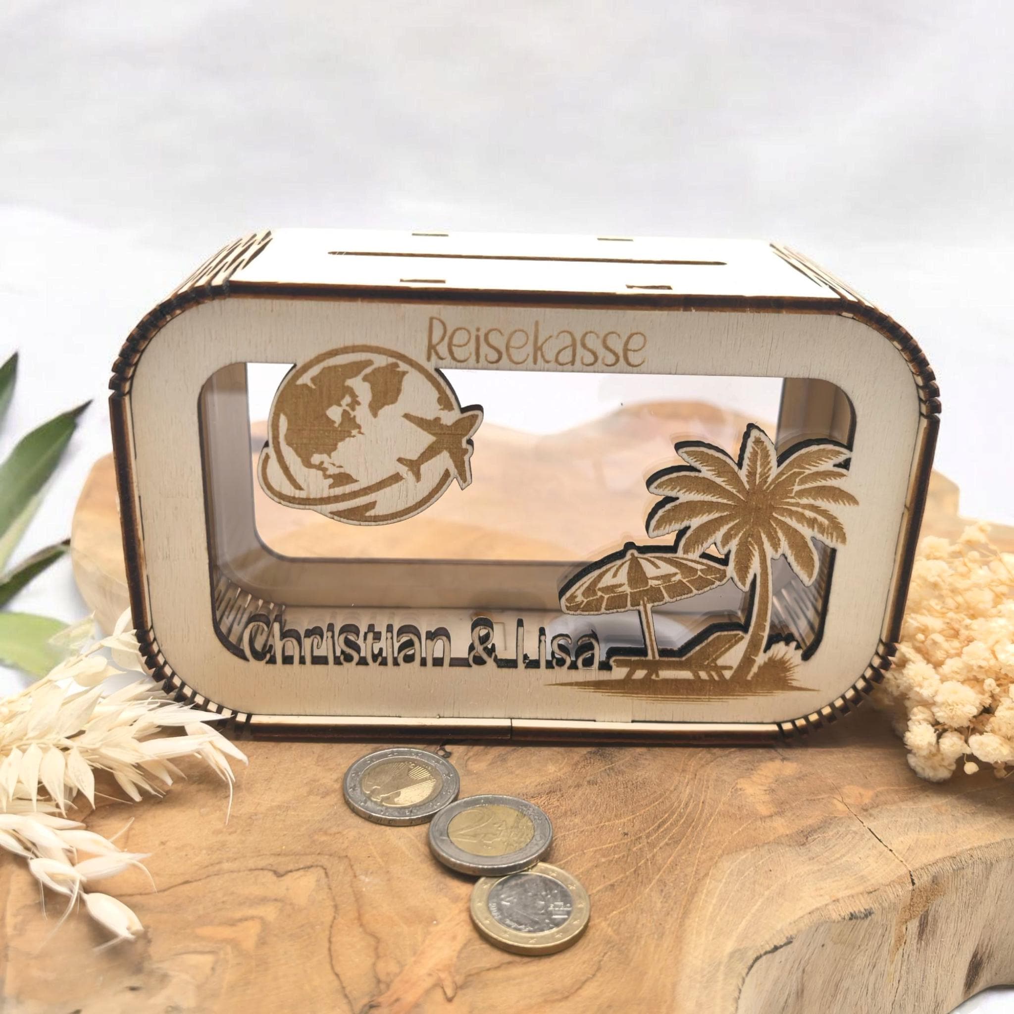 Spardose Reisekasse personalisiert mit Name, Geldgeschenk, Sparschwein Geburtstagsgeschenk Freundin Ehefrau Einzugsgeschenk, Flugzeug Sonne