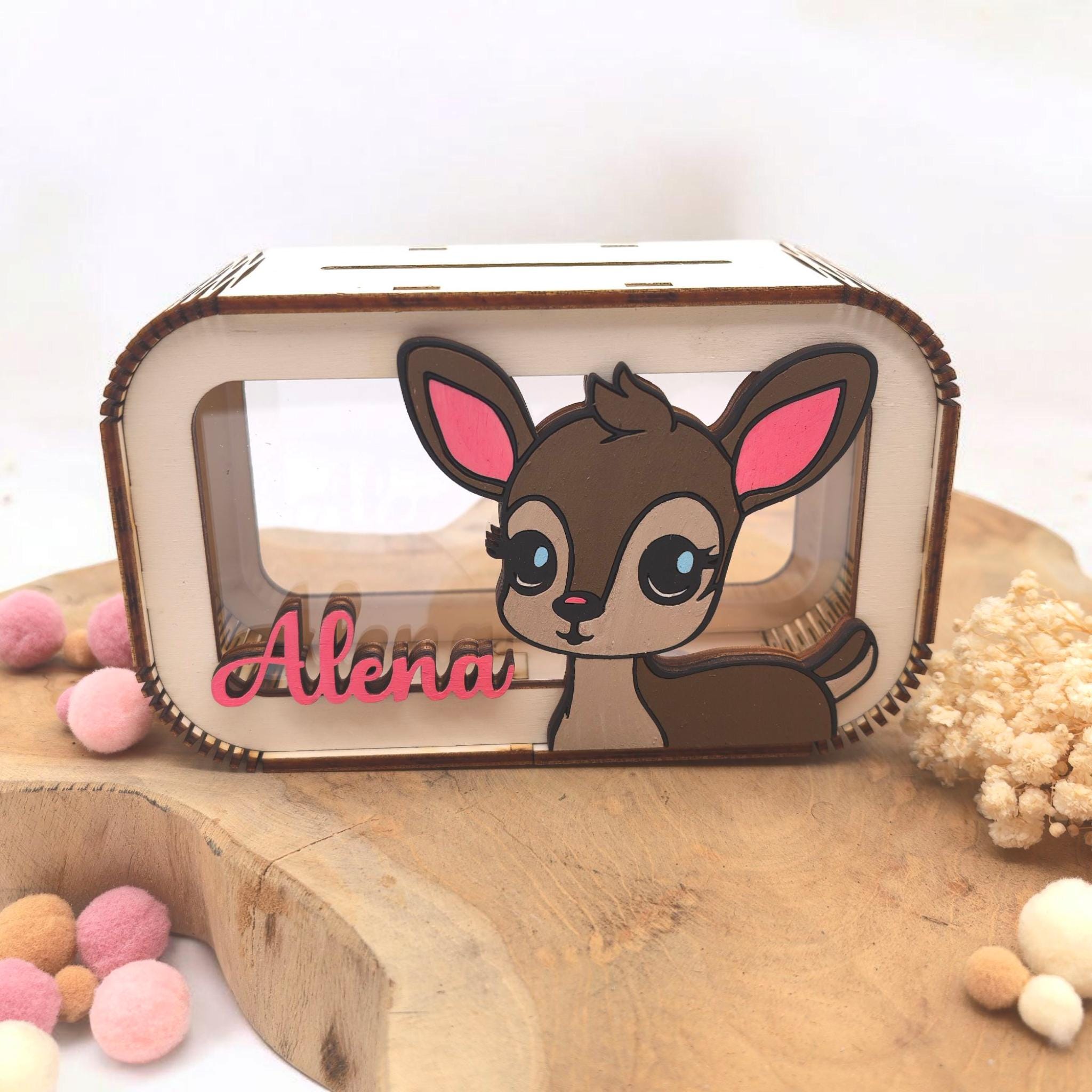 Bambi Spardose personalisiert mit Namen in Wunschfarben, Sparbüchse, Sparschwein, Geldgeschenk, Geschenk Geburt Taufe Geburtstag Reh Rehkitz