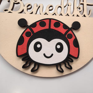 Marienkäfer Türschild personalisiert fürs Kinderzimmer, gefertigt in Wunschfarben, Geschenk Taufe, Geburt, Kindergeburtstag, Namensschild