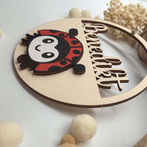 Marienkäfer Türschild personalisiert fürs Kinderzimmer, gefertigt in Wunschfarben, Geschenk Taufe, Geburt, Kindergeburtstag, Namensschild