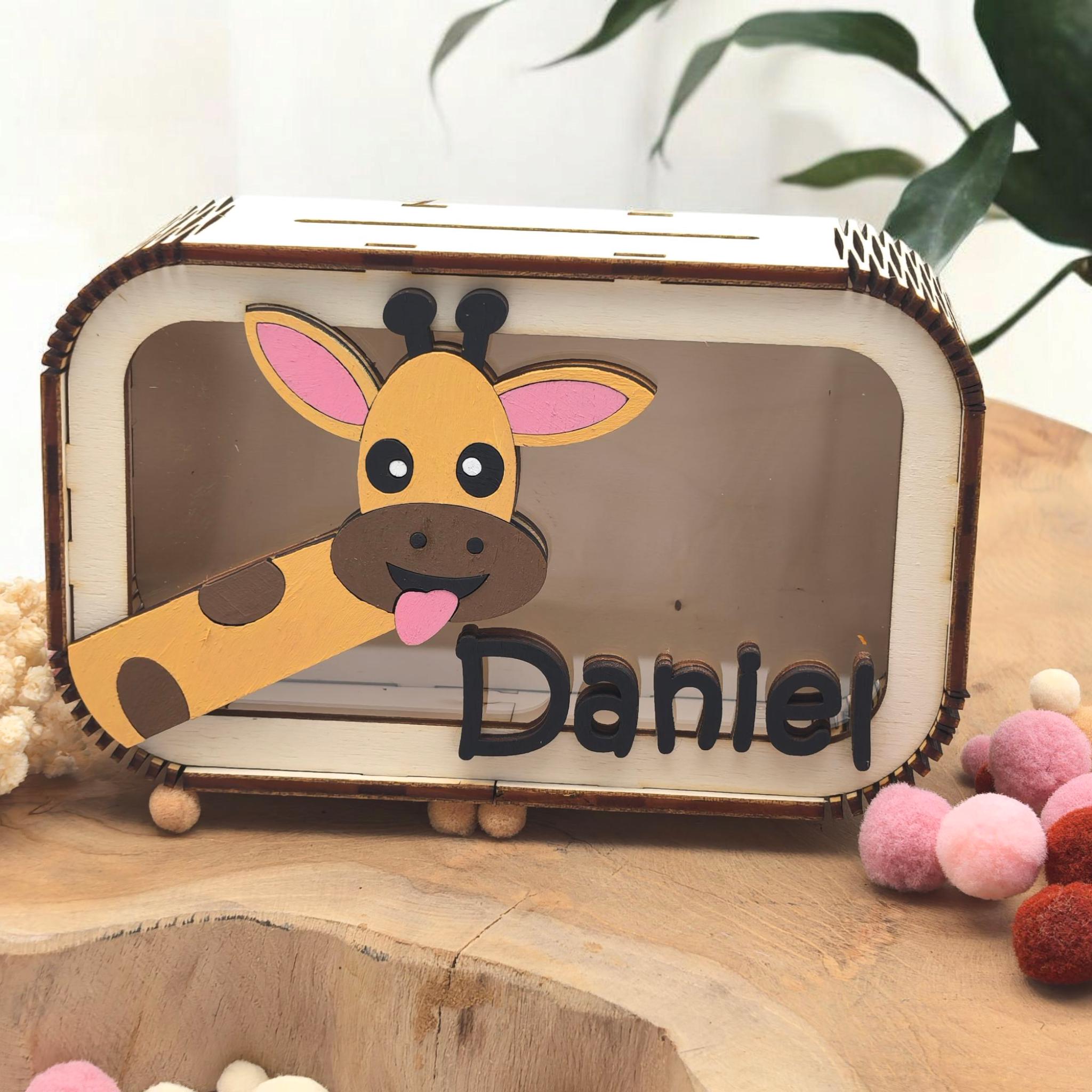 Spardose Giraffe personalisiert mit Namen in Wunschfarben, Sparbüchse, Sparschwein, Geldgeschenk, Geschenk Geburt, Taufe, Geburtstag, Safari