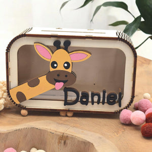 Spardose Giraffe personalisiert mit Namen in Wunschfarben, Sparbüchse, Sparschwein, Geldgeschenk, Geschenk Geburt, Taufe, Geburtstag, Safari