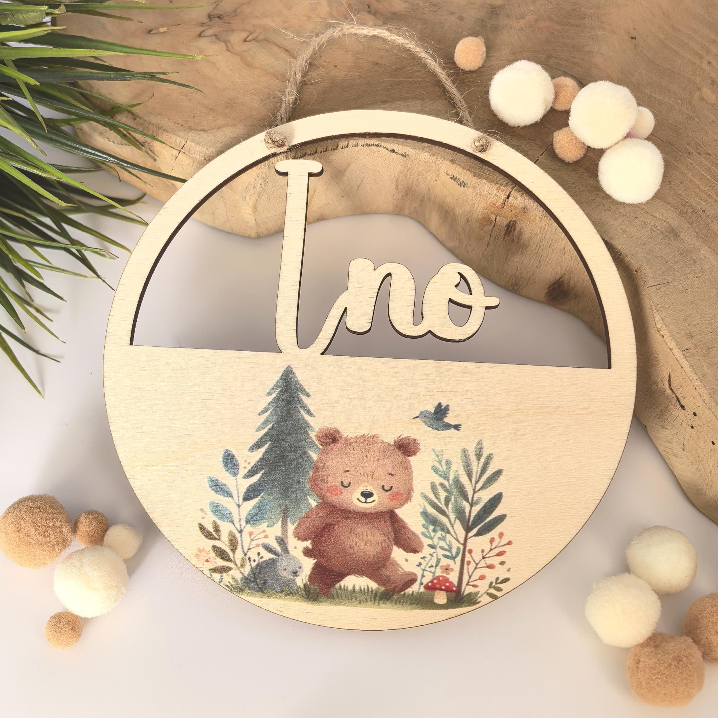 Türschild personalisiert fürs Kinderzimmer mit Teddy Bär, gefertigt in Wunschfarben, Geschenk Taufe, Geburt, Kindergeburtstag, Namensschild