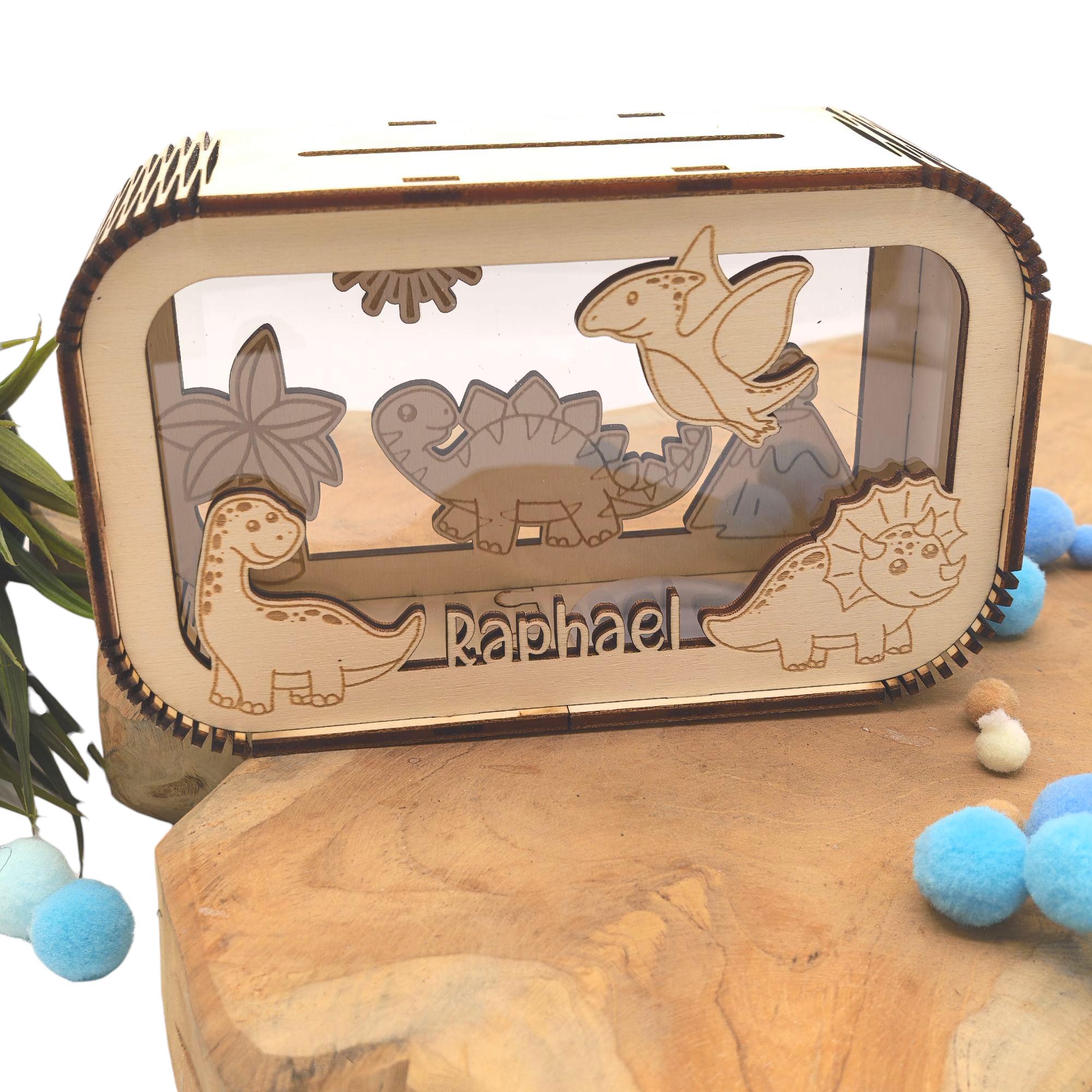 Dino Spardose personalisiert mit Namen, Sparbüchse, Sparschwein, Geldgeschenk, Geschenk zur Geburt, Taufe, Geburtstag, Dinosaurier, Trex