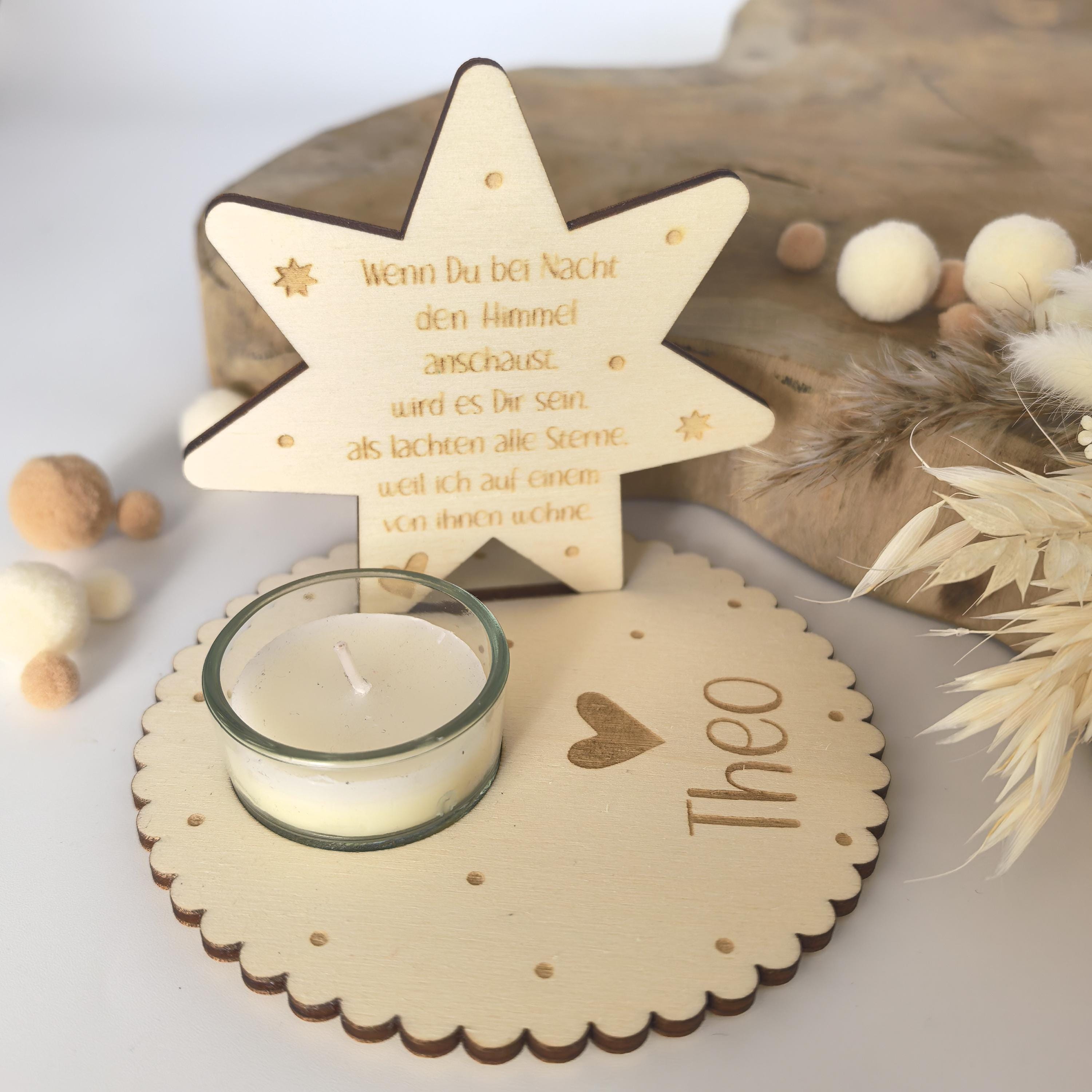 Sternenkind Teelichthalter, personalisiert mit Wunschtext, Andenken, Gedenkstein, Erinnerung, Schutzengel, Fehlgeburt, Stille Geburt