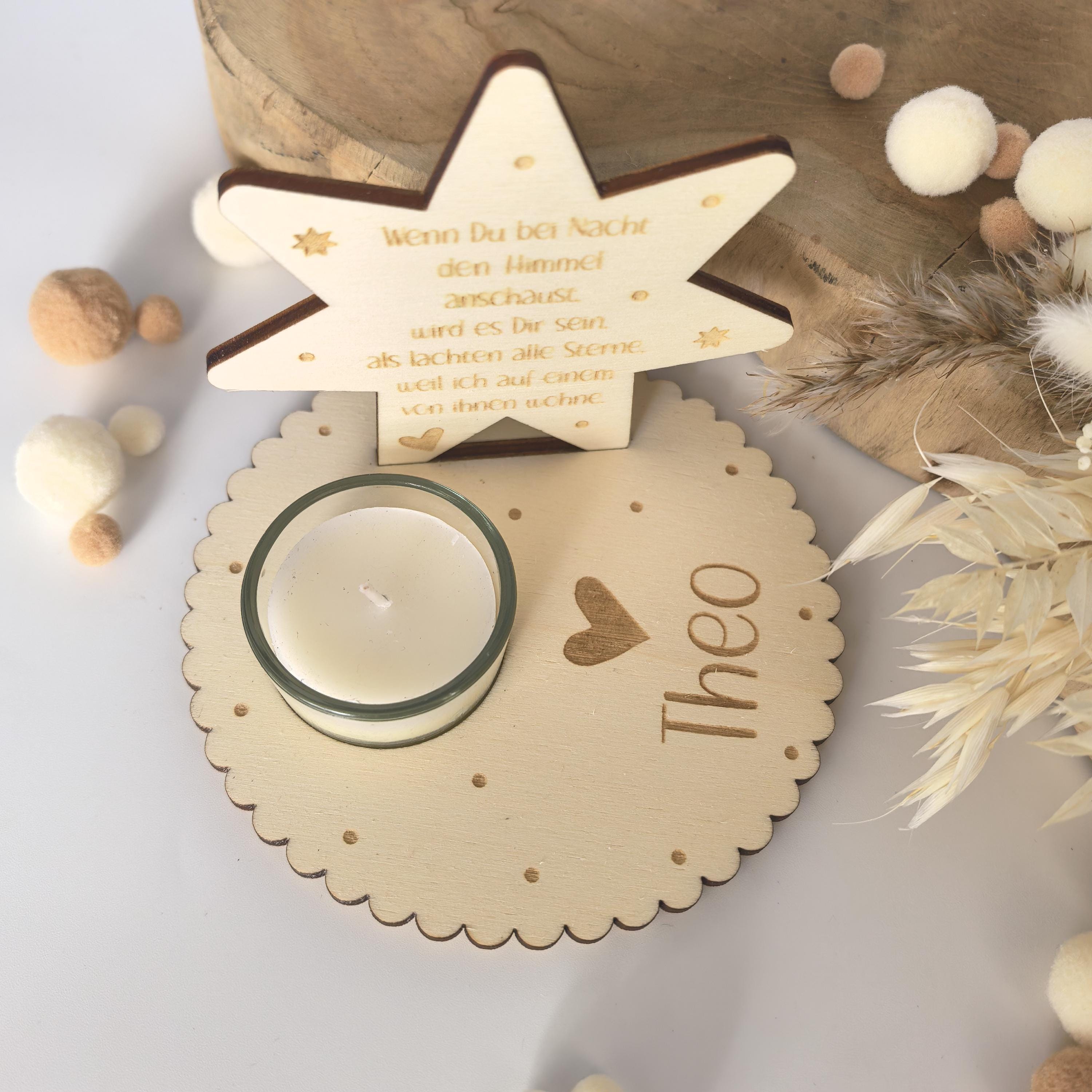 Sternenkind Teelichthalter, personalisiert mit Wunschtext, Andenken, Gedenkstein, Erinnerung, Schutzengel, Fehlgeburt, Stille Geburt