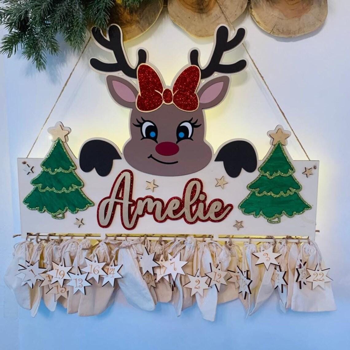 Adventskalender XXL Renntier aus Holz, personalisiert mit Wunschtext und in Wunschfarbe, Geschenkidee, Babys Weihnachten, Advent, Nikolaus