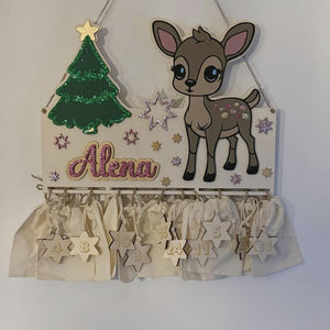 Adventskalender XXL Reh aus Holz, personalisiert mit Wunschtext und in Wunschfarbe, Geschenkidee, Babys Weihnachten, Advent, Rehkitz, Bambi