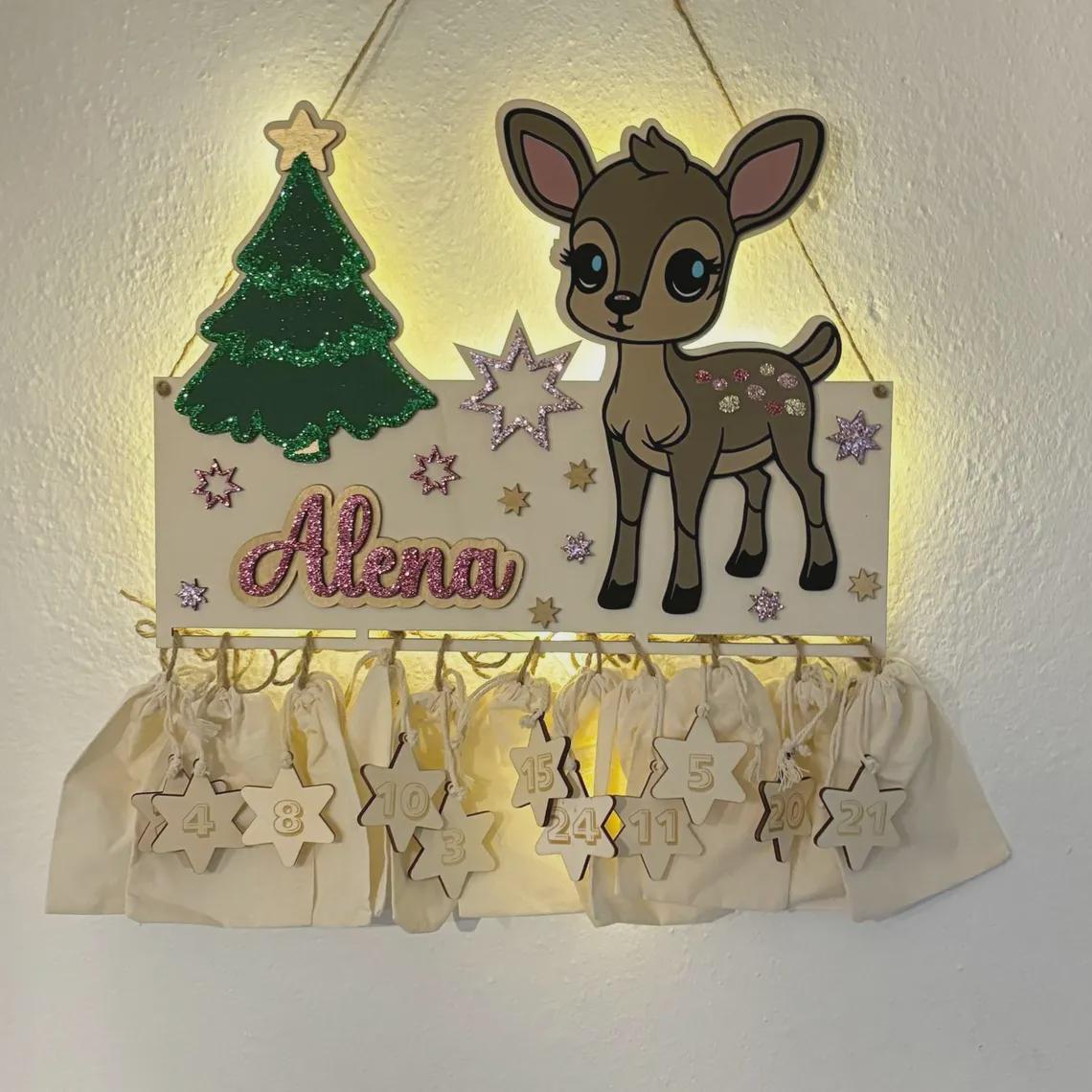 Adventskalender XXL Reh aus Holz, personalisiert mit Wunschtext und in Wunschfarbe, Geschenkidee, Babys Weihnachten, Advent, Rehkitz, Bambi