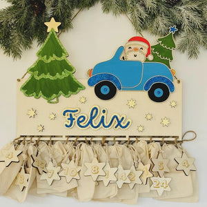 Adventskalender XXL Auto Nikolaus aus Holz, personalisiert mit Wunschtext und in Wunschfarbe, Geschenkidee, Babys Weihnachten, Santa