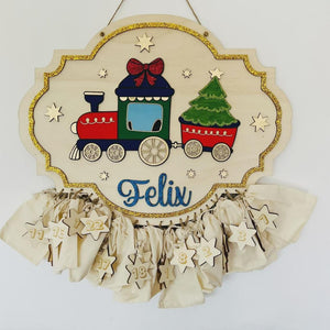Adventskalender XXL Weihnachtszug aus Holz, personalisiert mit Wunschtext und in Wunschfarbe, Geschenkidee, Babys Weihnachten, Santa, Zug