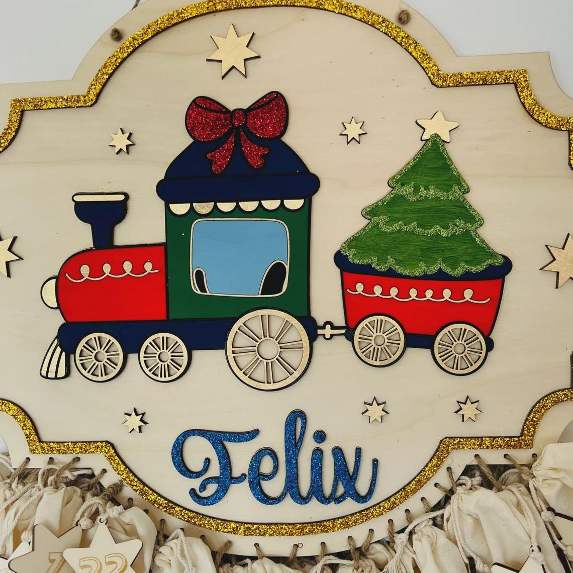 Adventskalender XXL Weihnachtszug aus Holz, personalisiert mit Wunschtext und in Wunschfarbe, Geschenkidee, Babys Weihnachten, Santa, Zug