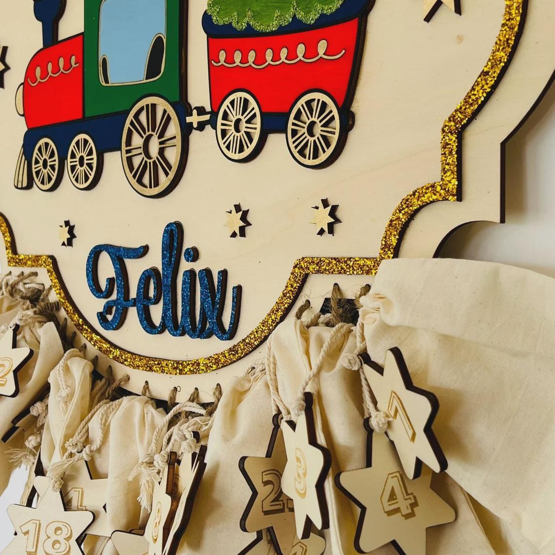 Adventskalender XXL Weihnachtszug aus Holz, personalisiert mit Wunschtext und in Wunschfarbe, Geschenkidee, Babys Weihnachten, Santa, Zug